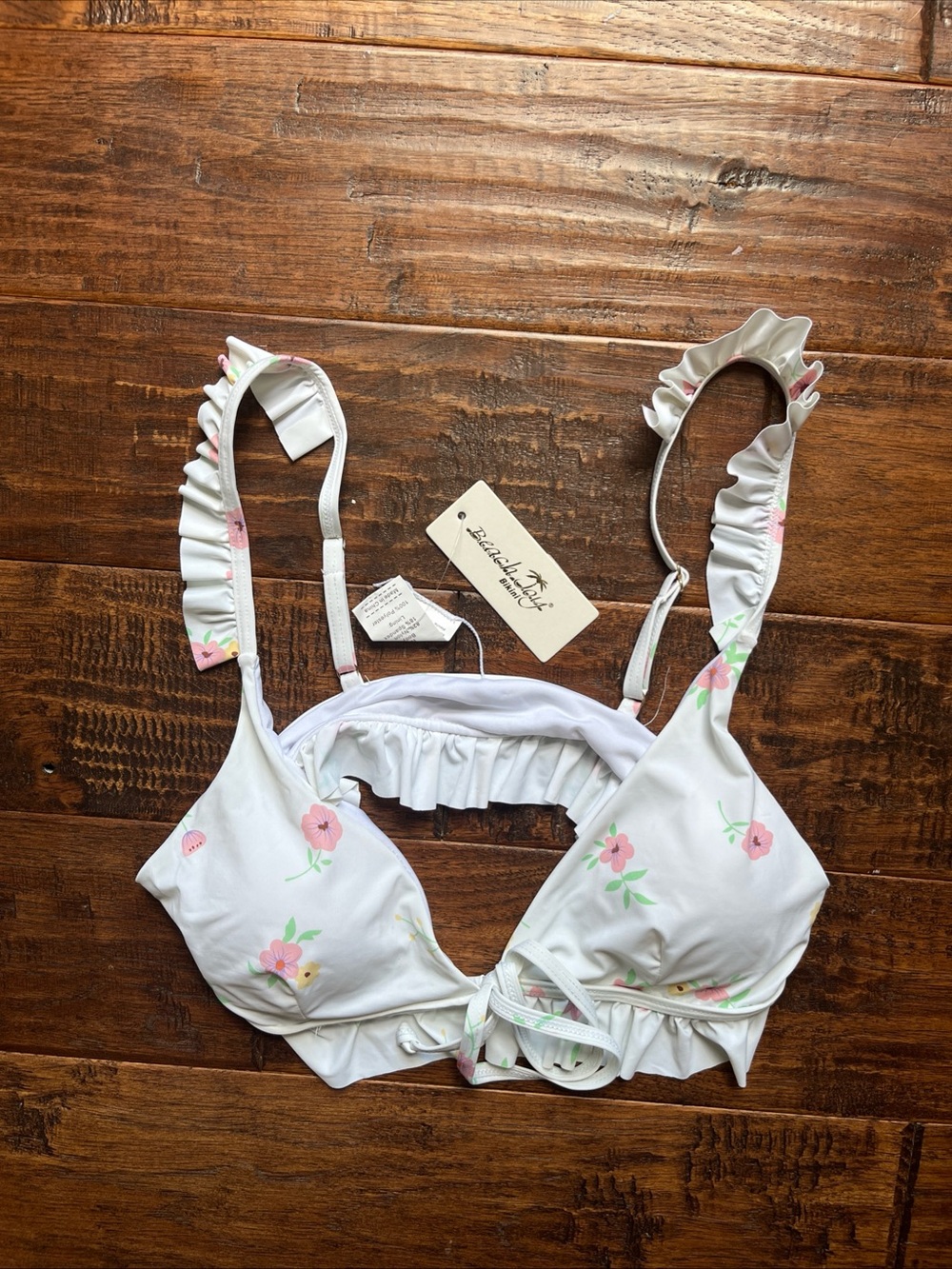NWT Beach Joy White/Pink Floral Ruffle Gold Tone Bikini Top Size M